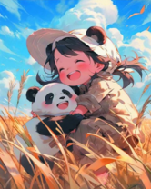 Радостная девочка обнимает панду. Аниме