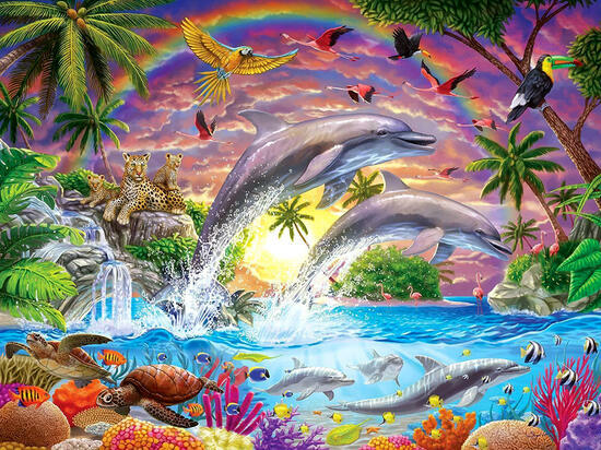 Картина по номерам 40x50 Стайка дельфинов в райском месте