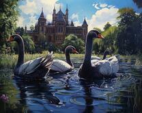 Темные лебеди на озере у замка