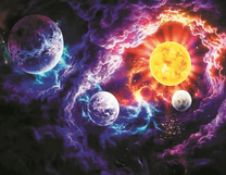 Солнце и планеты среди густых туч