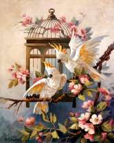 Большие попугаи на цветущей яблоне