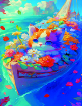Котёнок в лодке с цветами